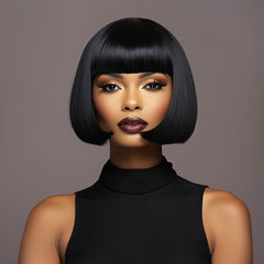 12 Inch Natural Black Short Bob Wig With Bangs For Black Women