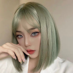 12 Inch Short Natural Light Green Bob Wig With Bangs