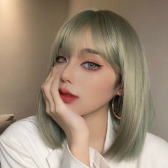 12 Inch Short Natural Light Green Bob Wig With Bangs
