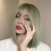 12 Inch Short Natural Light Green Bob Wig With Bangs