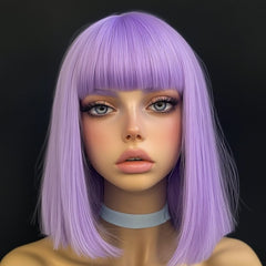 14 Inch Light Purple Straight Fringe Bob Wig for Party