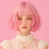 Pink Loose Wave Chic Bob Wig with Bangs 14 Inch