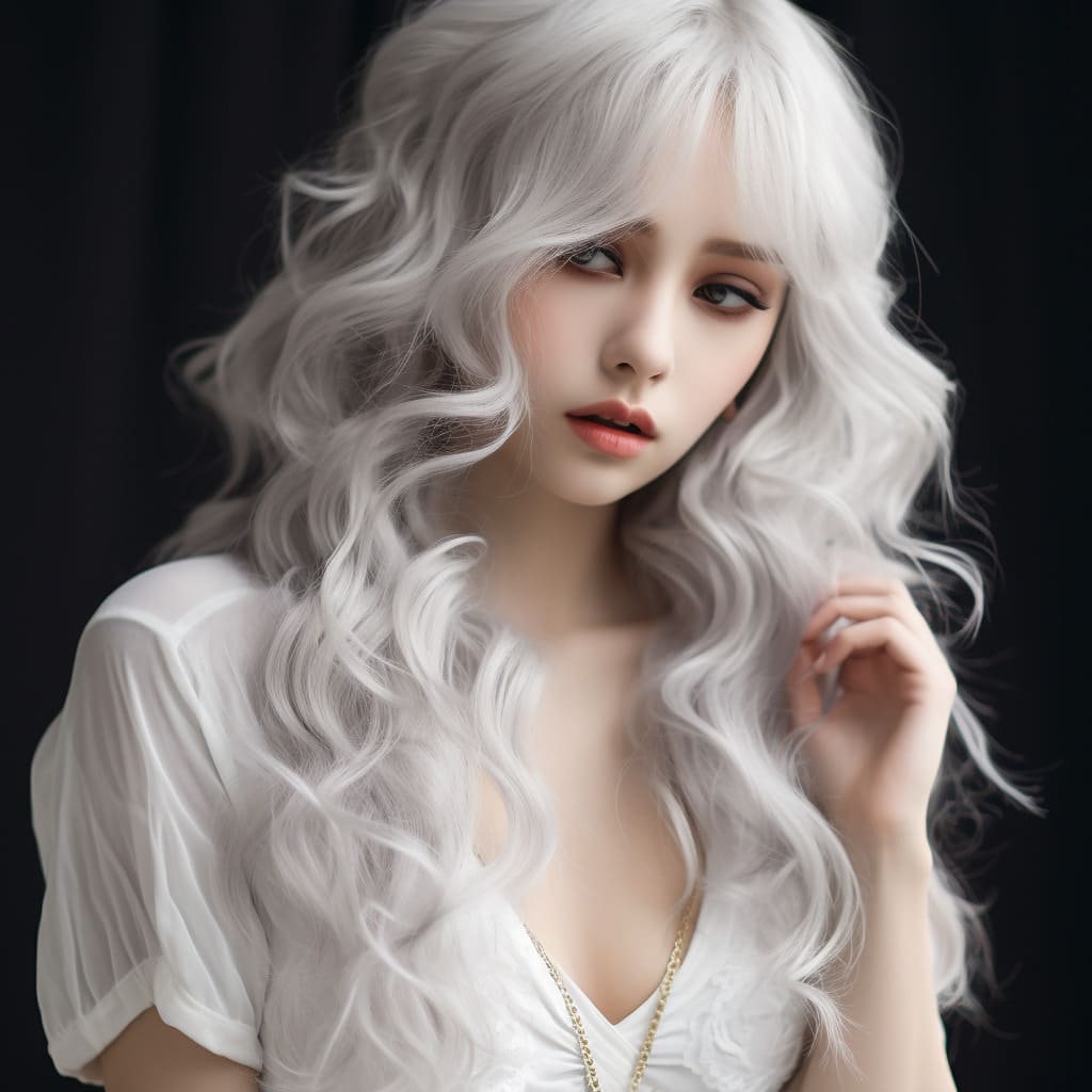 18 Inch Medium Long Snow White Curly Wavy Wigs With Bangs