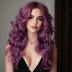 24 Inch Long Dark Purple Curly Wavy Wigs Front Lace For Party & Daily Use