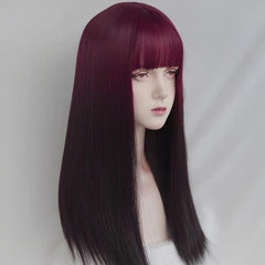 24'' Long Straight Ombre Burgundy & Black Y2K Wig with Bangs