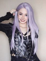 28 Inch Long Front Lace Purple Straight Wig For Cosplay & Party