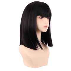 Black Blunt Cut Fringe Bob Wig for Cosplay 12 Inch