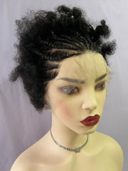 Black Front Lace Afro Curly Human Hair Short Pre-Braided Pixie Cut Wig