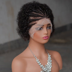 8'' Front Lace Afro Kinky Curly Human Hair Pre-Braided Pixie Cut Wig