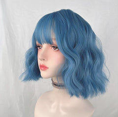 Gray Blue Short Loose Wave Bob Wig with Bangs