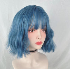 Gray Blue Short Loose Wave Bob Wig with Bangs