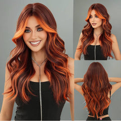 26'' Brown Middle-Part Fringe Water Wave Wig with Orange Highlights