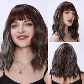 Brown Mixed Color Water Wave Shoulder Length Bob Wig with Bangs