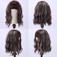Brown Mixed Color Water Wave Shoulder Length Bob Wig with Bangs
