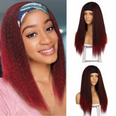 Burgundy Long Yaki Kinky Straight Headband Wig for Black Women