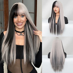 26'' Chic Half Black & Grey Long Straight Fringe Wig