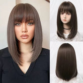 Chocolate Brown Layered Straight Fringe Shoulder Length Wig