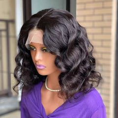 14 Inch Black 13 x4 HD Swiss Front Lace Loose Wave Bob Wig
