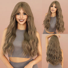 26'' Light Brown Loose Wave Wig with Full Fringe
