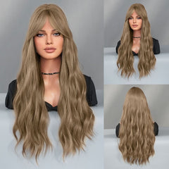 26'' Light Brown Loose Wave Wig with Full Fringe