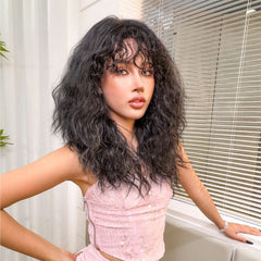 Long Black Water Wave Synthetic Fiber Wig with Bangs