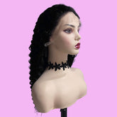 Long Elegant Black Human Hair Front Lace Free Part Deep Wave Wig