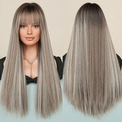 26'' Long Ombre Honey Blonde Grey Tone Lolita Straight Fringe Wig