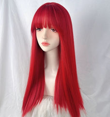 Long Red Blunt Cut Straight Wig with Bangs for Halloween