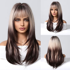 22'' Ombre Multi-Color Long Layered Straight Wig with Bangs