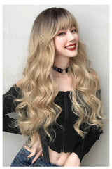 26'' Long Ombre Honey Blonde Body Wave Wig with Bangs