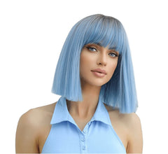 Ombre Light Blue Short Straight Blunt Cut Bob Wig with Bangs