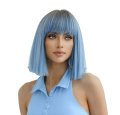 Ombre Light Blue Short Straight Blunt Cut Bob Wig with Bangs