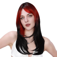 Ombre Red & Black Layered Curtain Bang Long Straight Wig for Prom