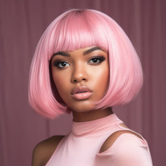 Original Design 12 Inch Pink Short Straight Bob Wig With Bangs