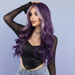Purple Glueless Small Lace Long Deep Wave Wig with Fringe Highlights