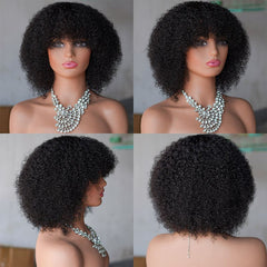 Short Black Kinky Curly Human Hair Bob Wig with Bangs 12 Inch