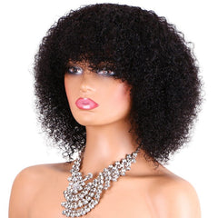 Short Black Kinky Curly Human Hair Bob Wig with Bangs 12 Inch
