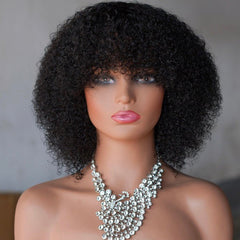 Short Black Kinky Curly Human Hair Bob Wig with Bangs 12 Inch