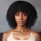 Short Black Kinky Curly Human Hair Bob Wig with Bangs 12 Inch