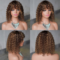 Short Ombre Honey Blonde Kinky Curly Human Hair Bob Wig with Bangs