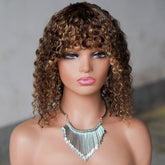 Short Ombre Honey Blonde Kinky Curly Human Hair Bob Wig with Bangs