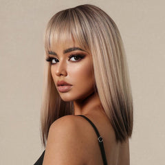 Short Shoulder Length Ombre Blonde Straight Fringe Bob Wig