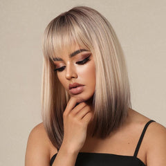 Short Shoulder Length Ombre Blonde Straight Fringe Bob Wig