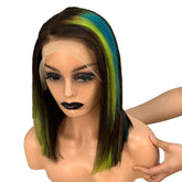 Short Black Straight Front Lace Human Hair Bob Wig with Highlights