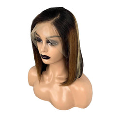 Short Black Straight Front Lace Human Hair Bob Wig with Highlights