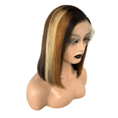 Short Black Straight Front Lace Human Hair Bob Wig with Highlights
