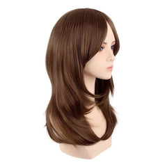 Shoulder Length Layered Curtain Bangs Wavy Wig Chocolate Brown