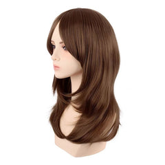 Shoulder Length Layered Curtain Bangs Wavy Wig Chocolate Brown