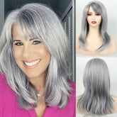 Shoulder Length Salt & Pepper Grey Layered Medium Long Wig for Seniors