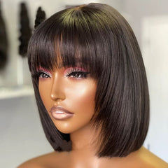 Black Silk Top Lace Straight Full Fringe Glueless Human Hair Bob Wig